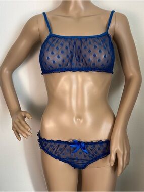 Sheer Polka Dot Bralette & Bikini Set - Blue